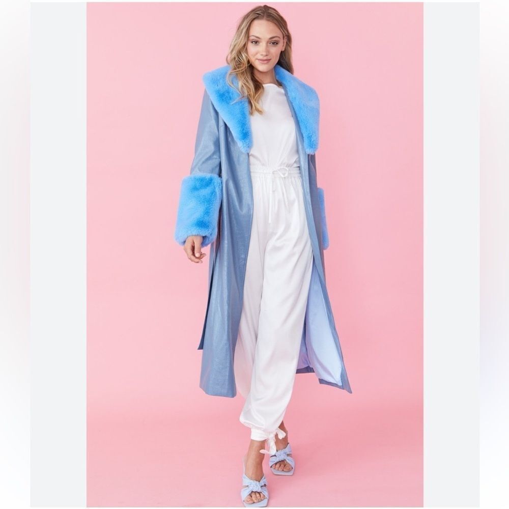 JAYLEY Blue Faux Leather Jacket With Detachable Faux Fur Cuffs & Collar